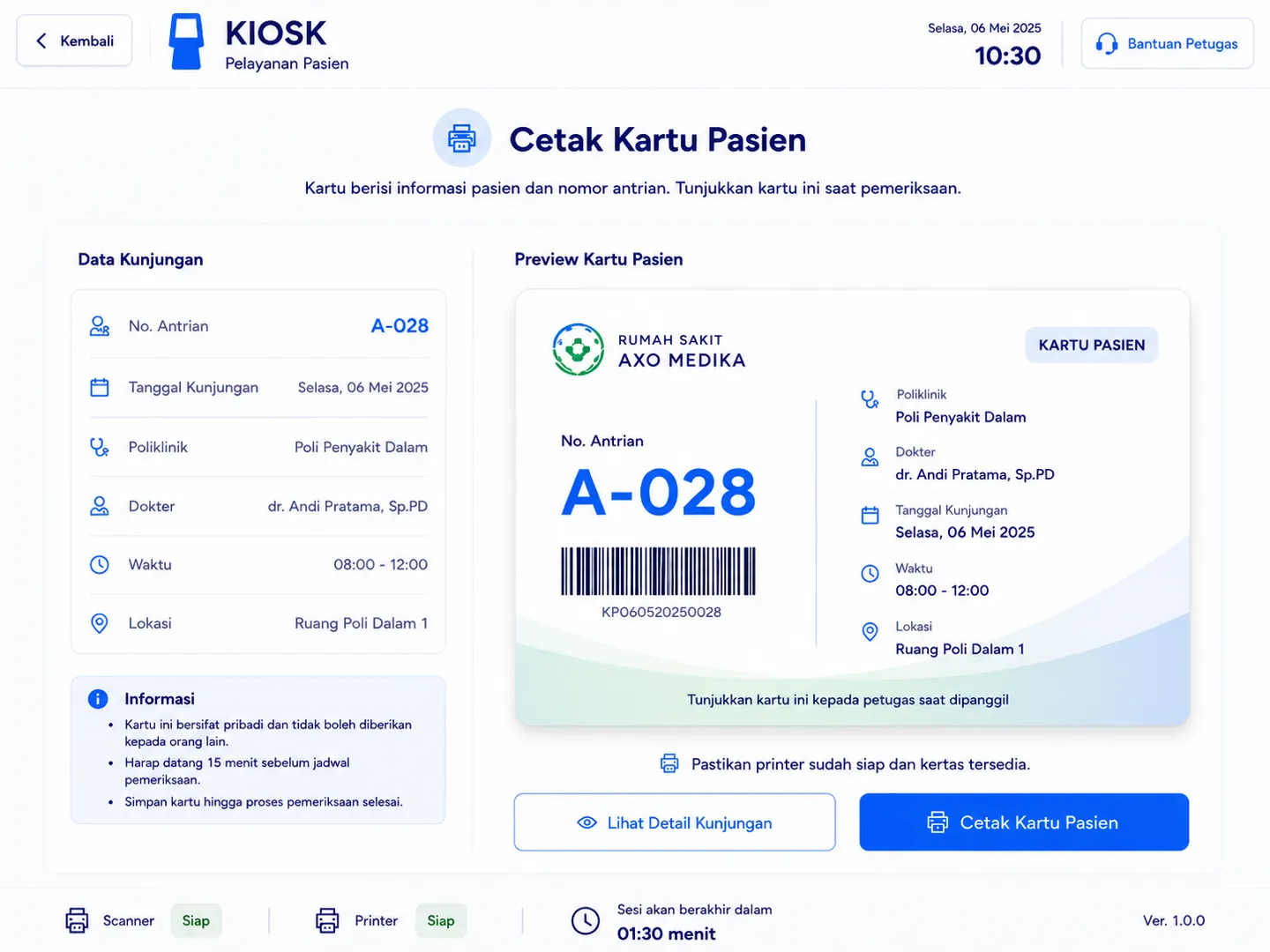 Layar cetak kartu pasien di kiosk AxoMedika: data kunjungan di kiri dan pratinjau kartu pasien bernomor antrean beserta barcode di kanan